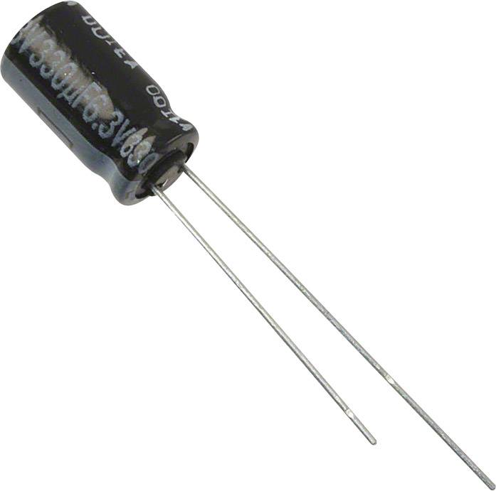 Electrolytic capacitor with a black cylindrical casing and two metallic connecting leads protruding from one side.