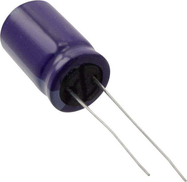 Lilac electrolytic capacitor with two long metallic connecting wires, lying down.