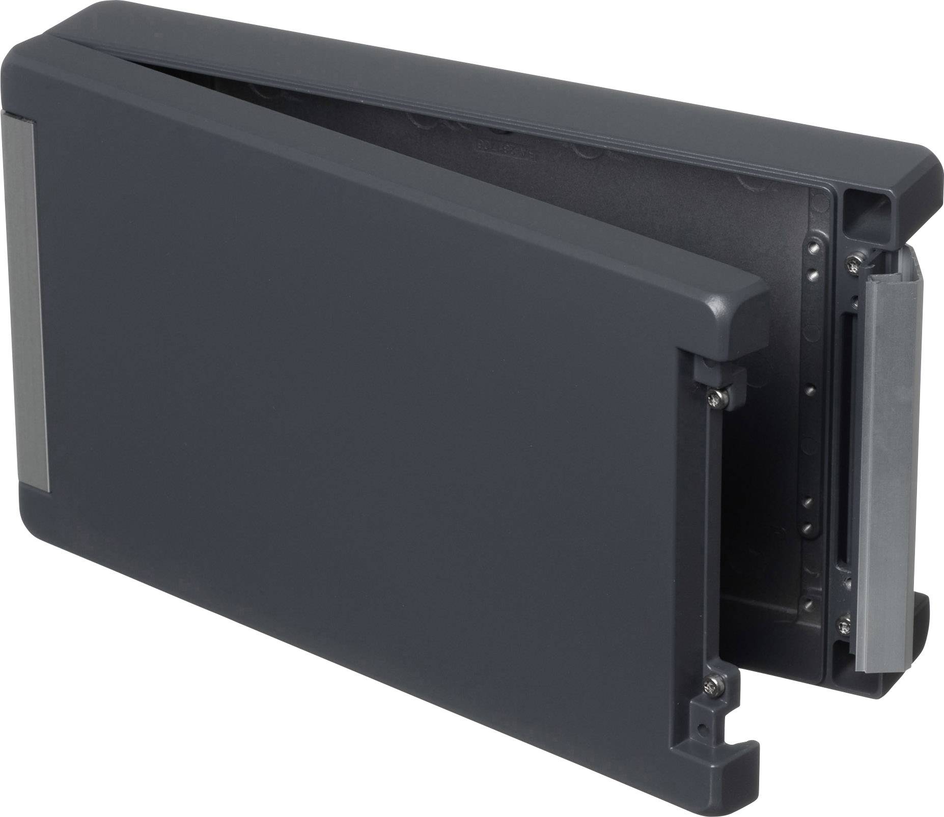 A black, foldable plastic casing with rounded corners, shown in an open position.
