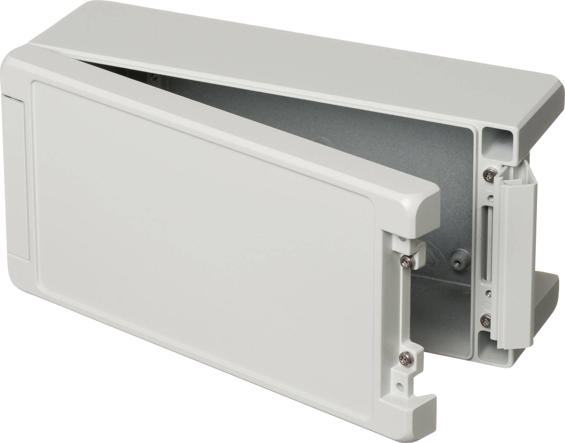 A grey, rectangular enclosure with two removable covers. Suitable for electronic components or circuits.