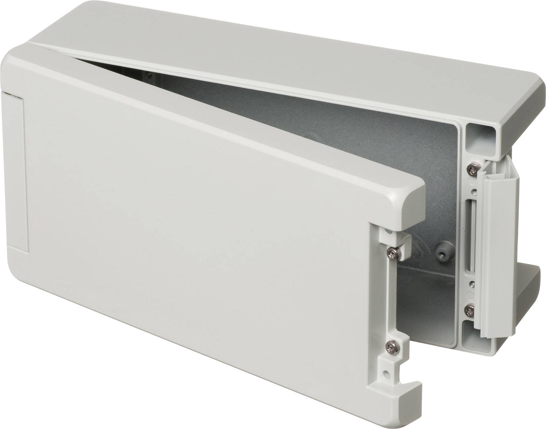 Grey plastic casing, partially opened, reveals interior and mounting screws.