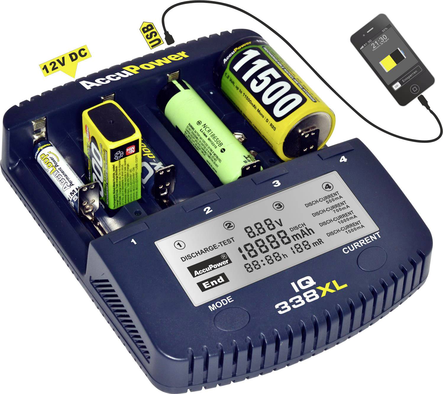 AccuPower IQ338XL Charger for cylindrical cells NiCd, NiMH, Li-ion 10340, 10350, 10440, 10500, 12500, 12650, 13500, 13650, 14500