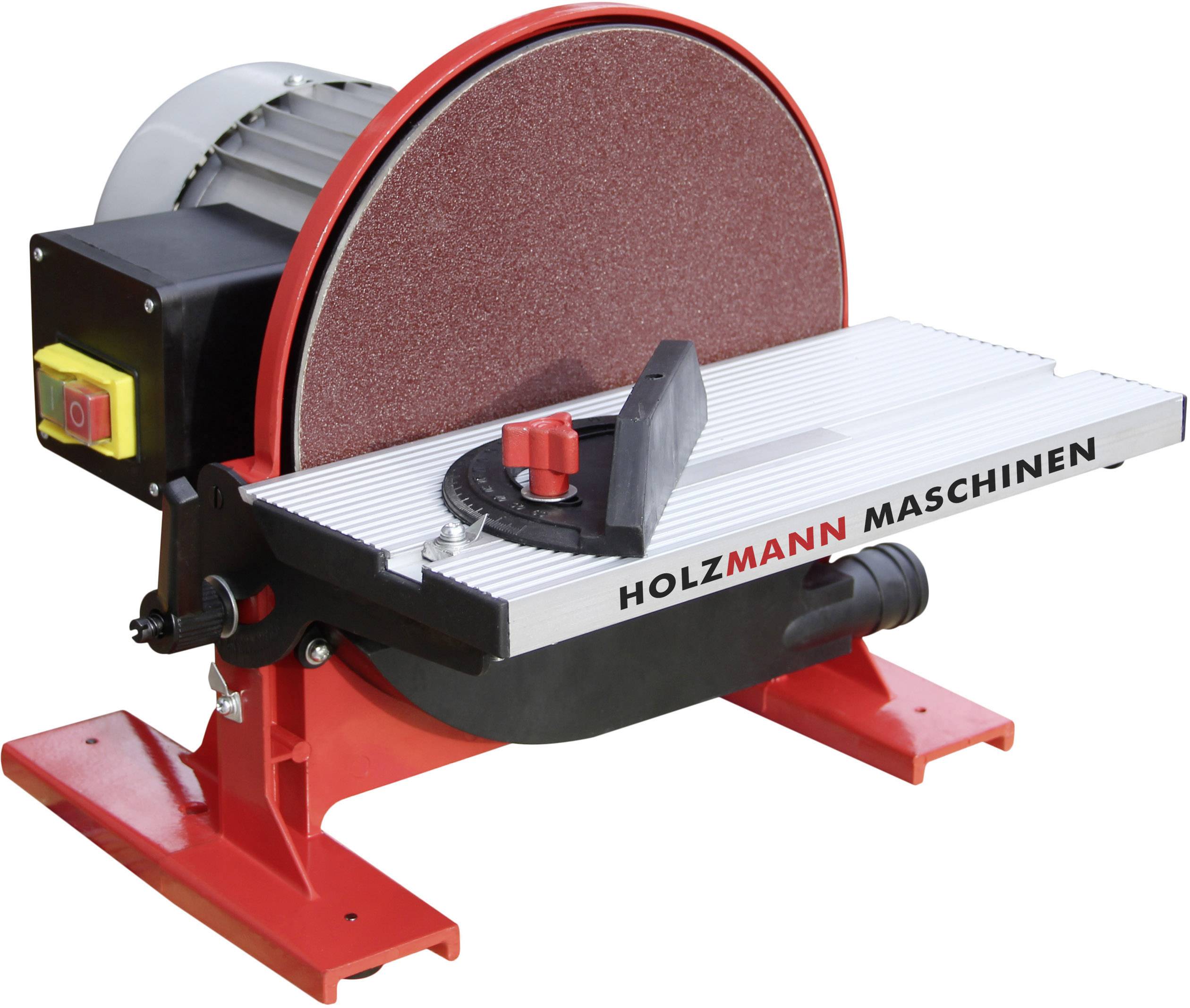 Grinding machine with a red casing and metal grinding plate by the brand 'Holzmann Machines'. It is used for sharpening and smoothing.