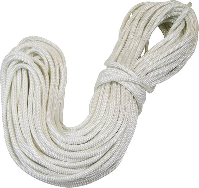 A bundle of white climbing rope, tightly coiled and ready for use. Ideal for sporting outdoor activities or mountaineering.
