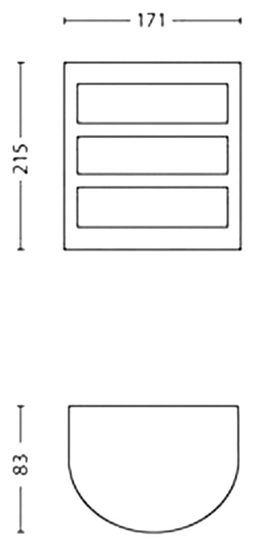 Drawing of a rectangular block with three horizontal segments, width 171 and height 215, with a semicircle underneath, height 83.