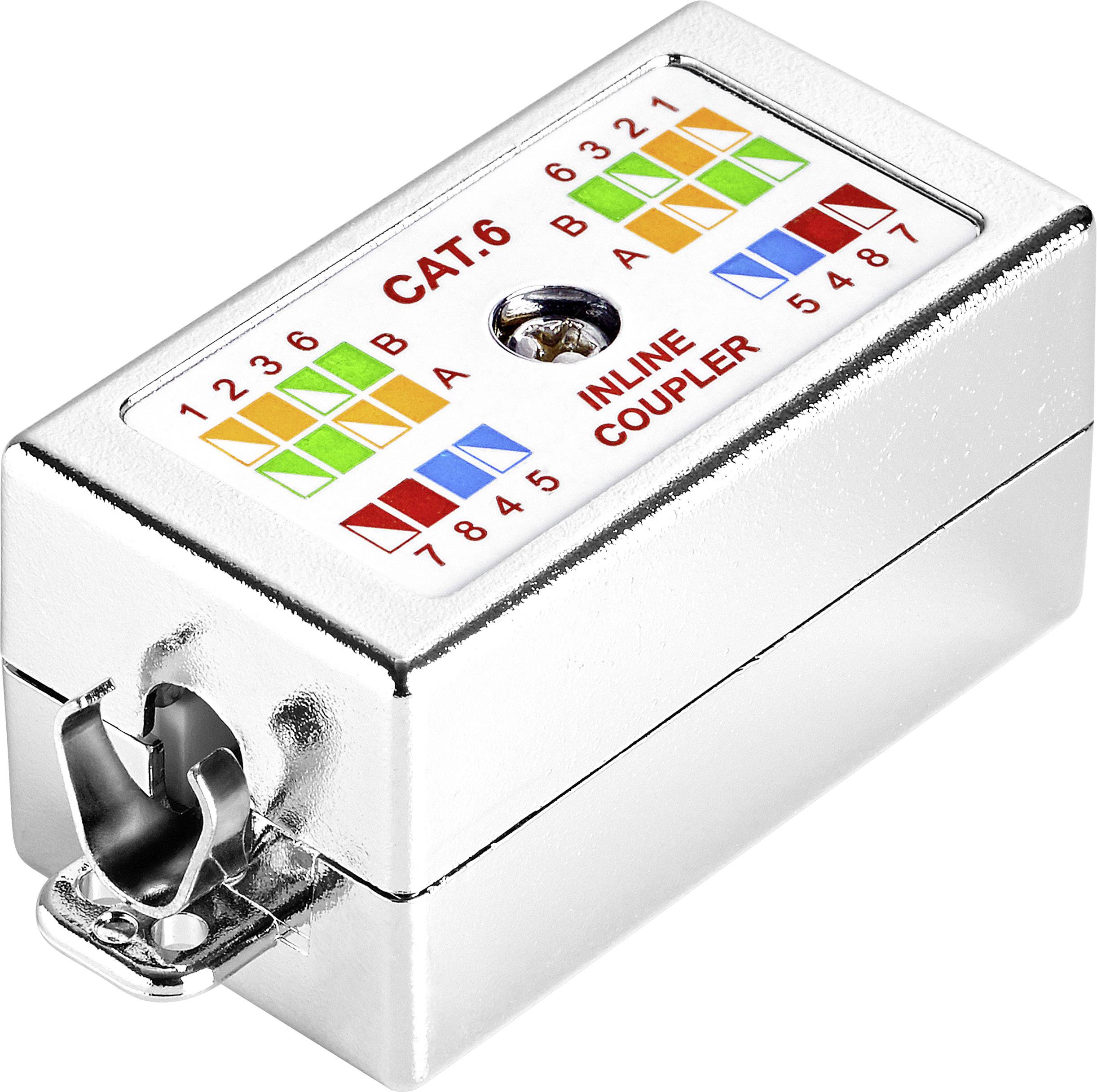 A silver CAT.6 inline coupler for network cables with colour-coded wire connections for ports A and B.