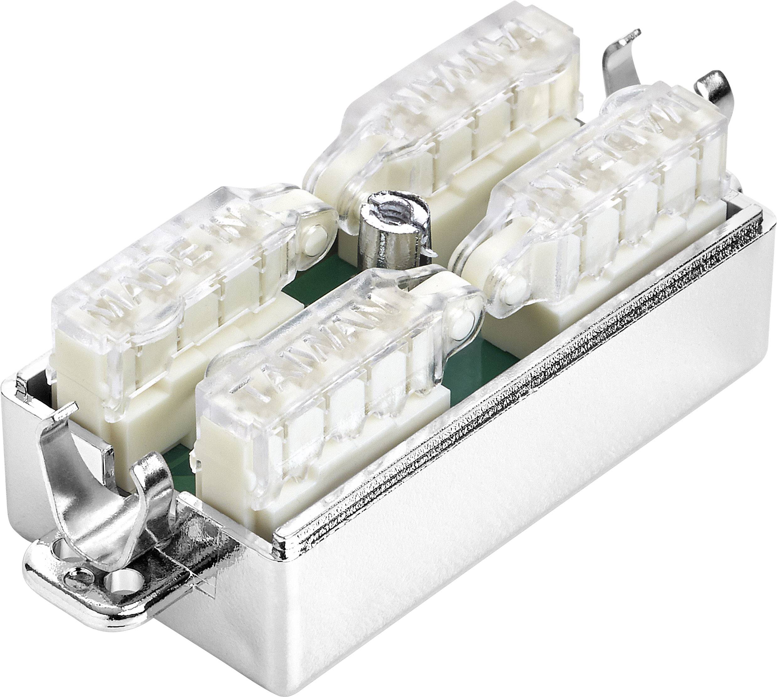 Elektronisches Bauteil mit Metallgehäuse und vier transparenten Anschlussklemmen, geeignet für elektrische Verbindungen.