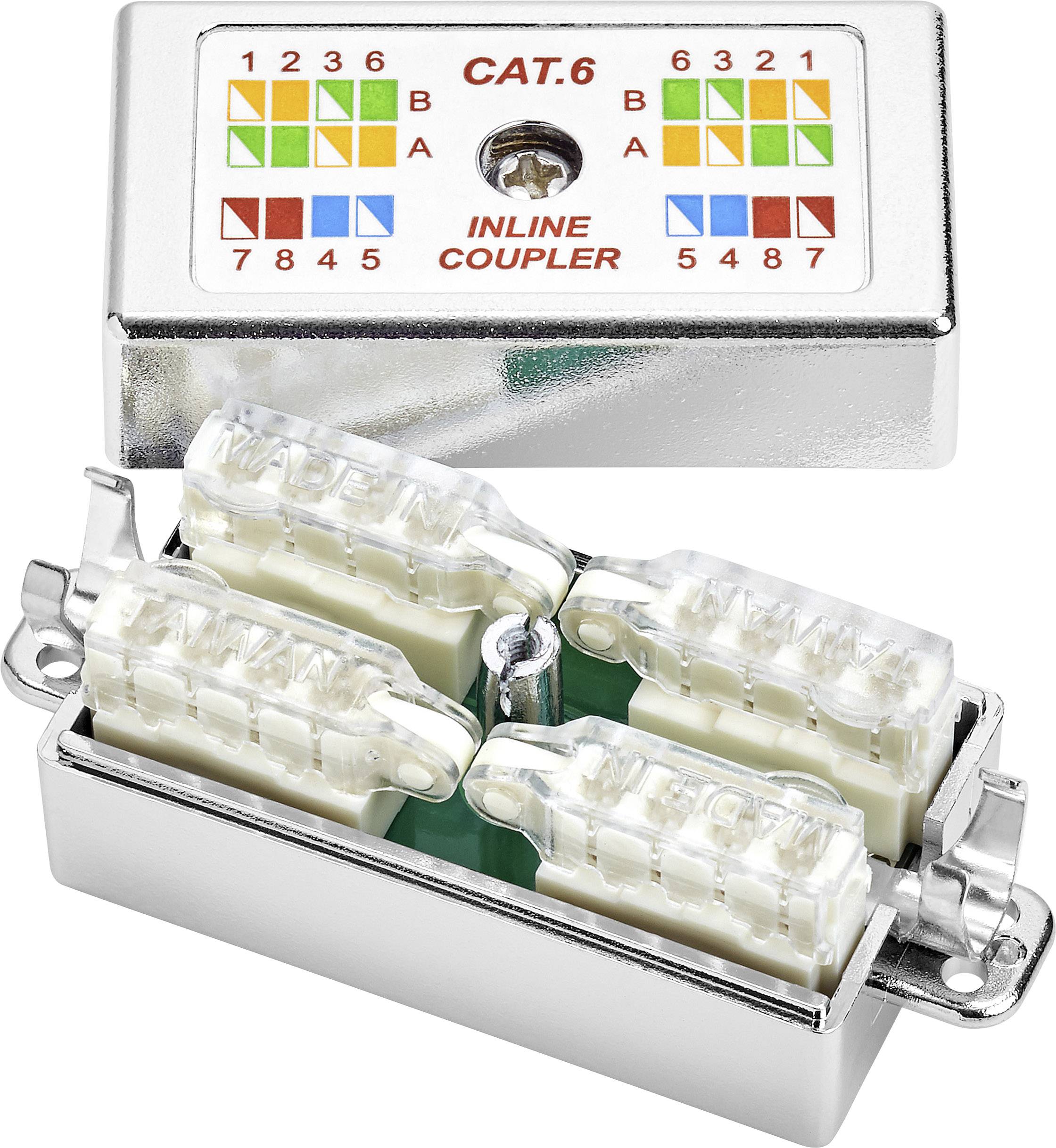 'Inline Coupler CAT.6' shows wiring diagram for eight conductors, numbered terminals with colour coding for Ethernet connection.