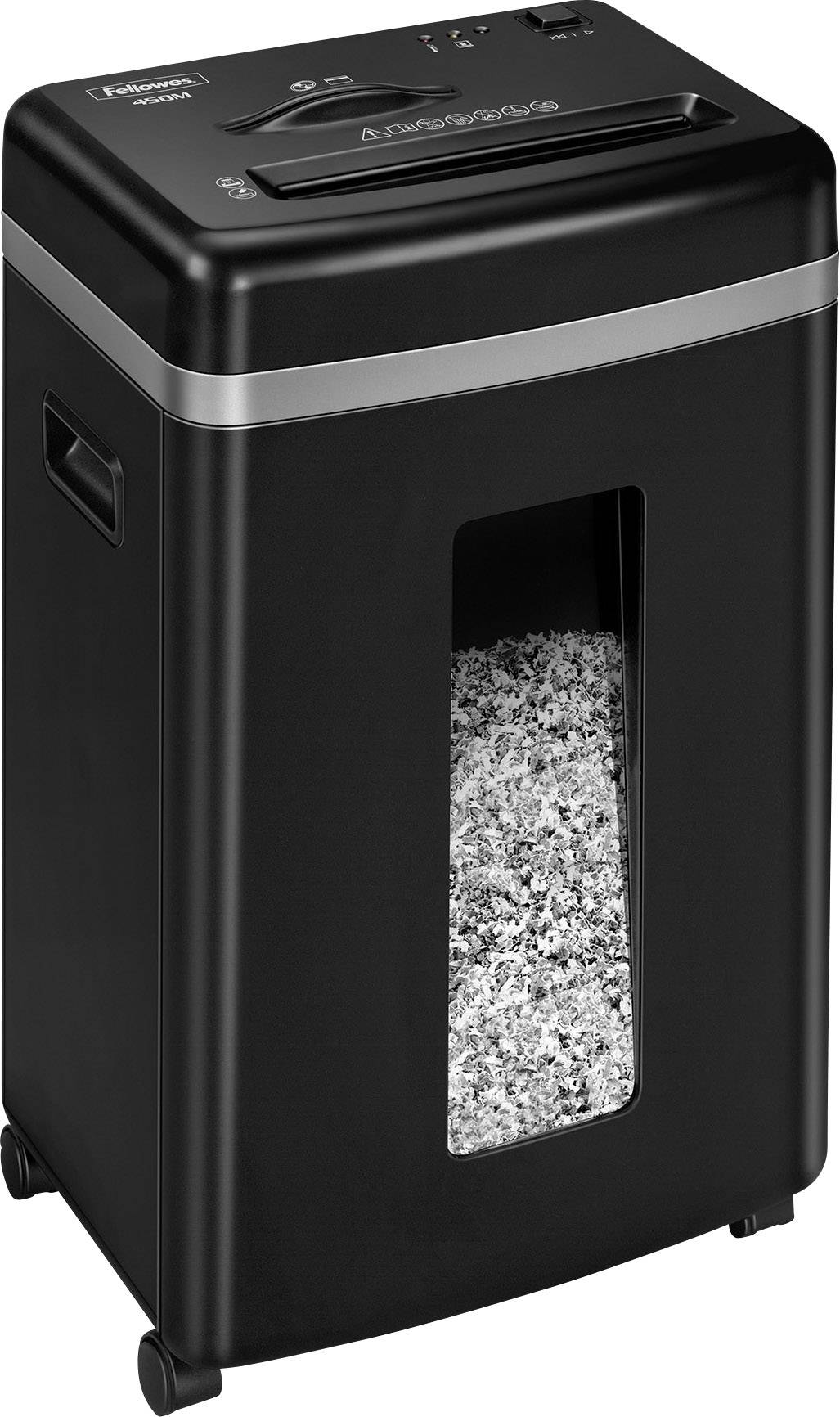 A black paper shredder with a transparent window shows shredded paper inside. It has wheels for mobility.