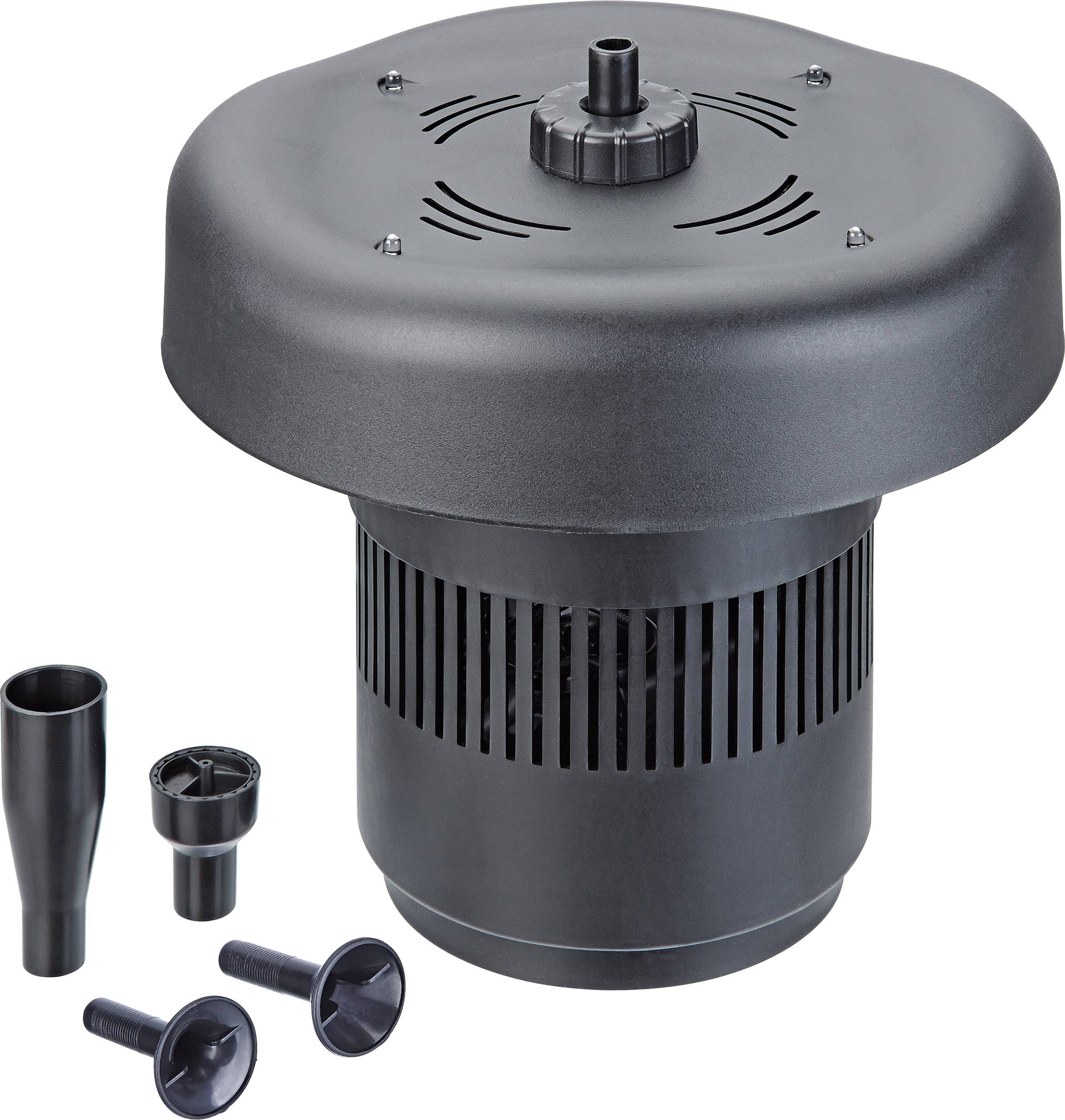 Black pond pump with multiple nozzle attachments for regulating water flow in fountains and ponds.