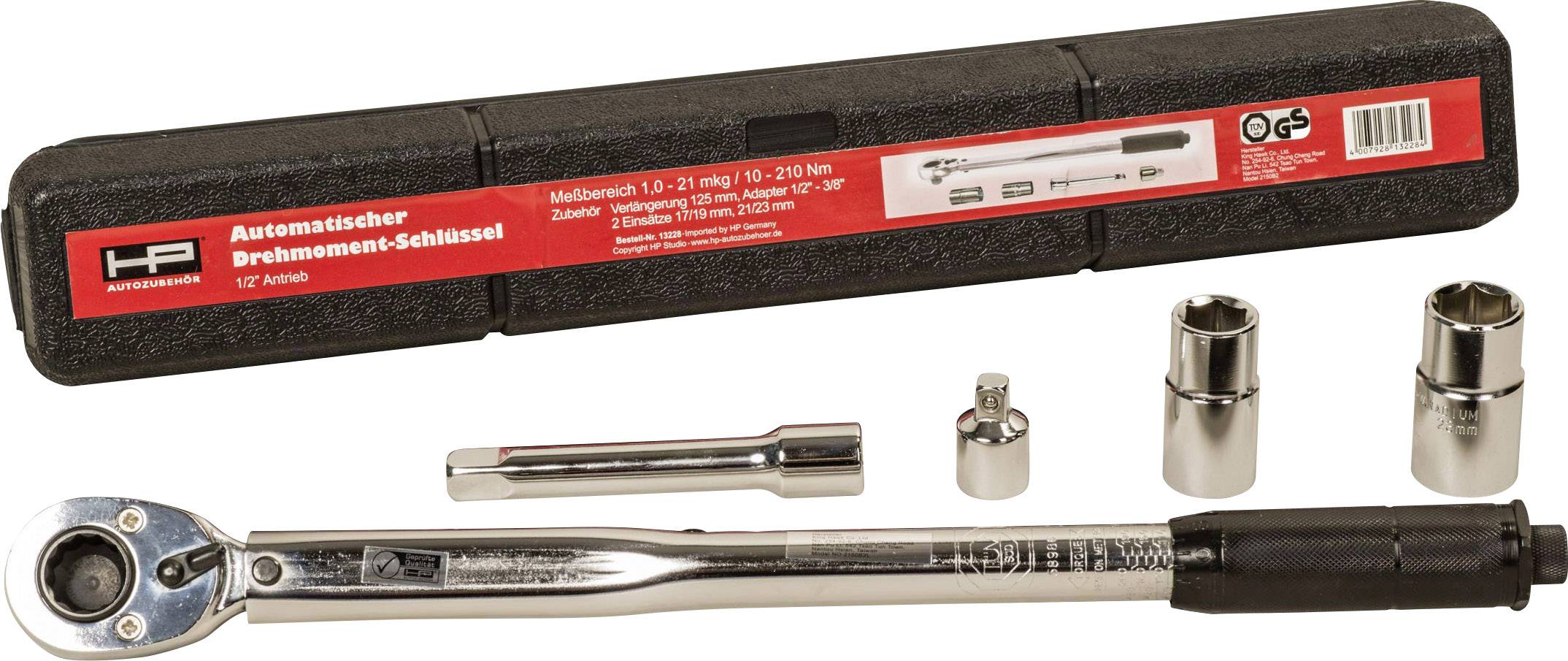 Automatic torque wrench with accessories, including sockets, in a black case. Measuring range 10-210 Nm.