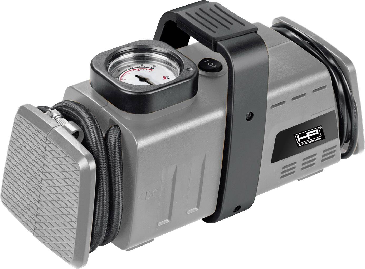 A grey portable air compressor with a pressure gauge and black handle, suitable for inflating tyres.