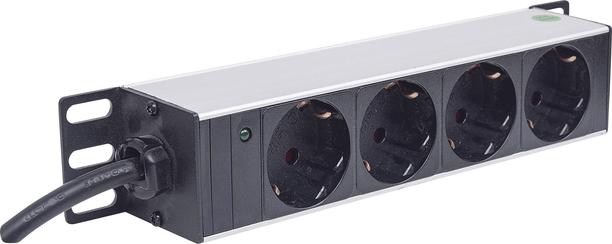 Four-way power strip with black cable and metal casing. Suitable for office or home use for power supply.