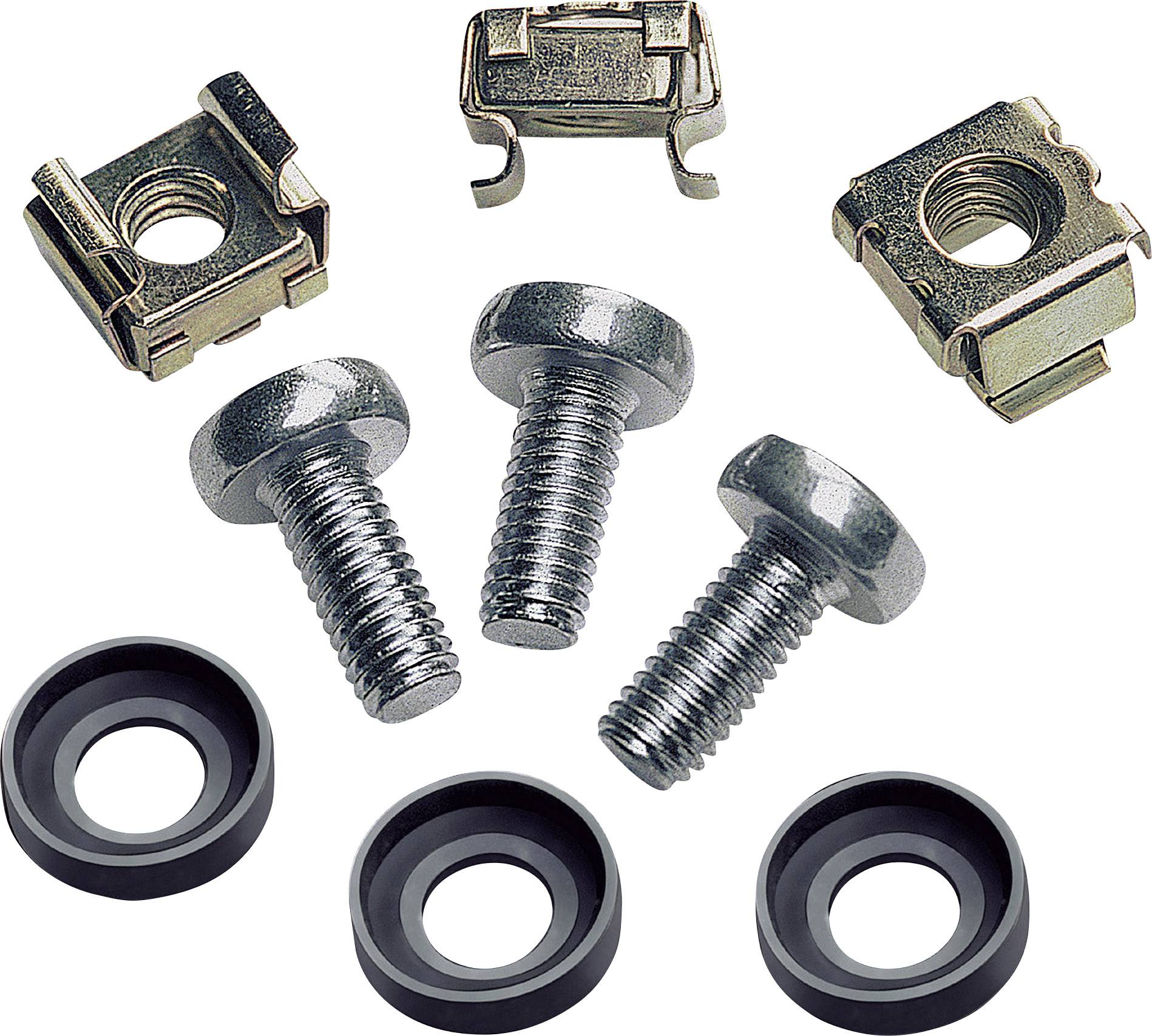 Set of screws comprising four screws, two square nuts, and three washers, on a white background.