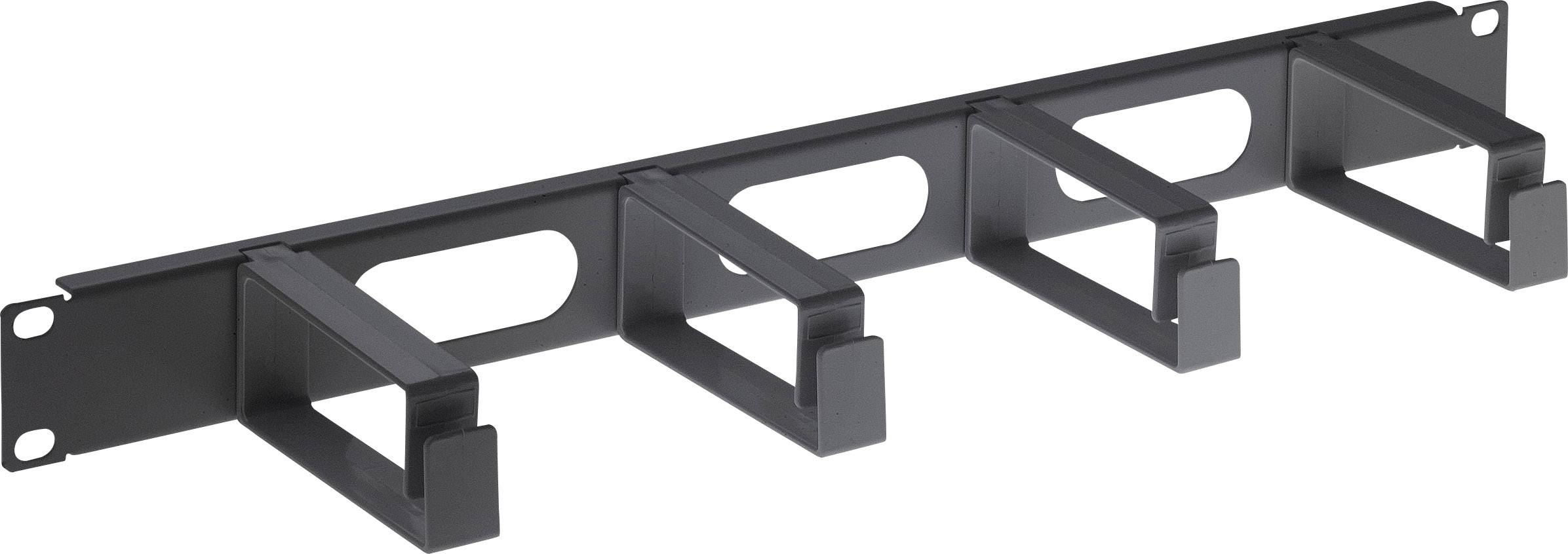 Black cable holder with multiple side hooks for neatly guiding cables in technical installations.