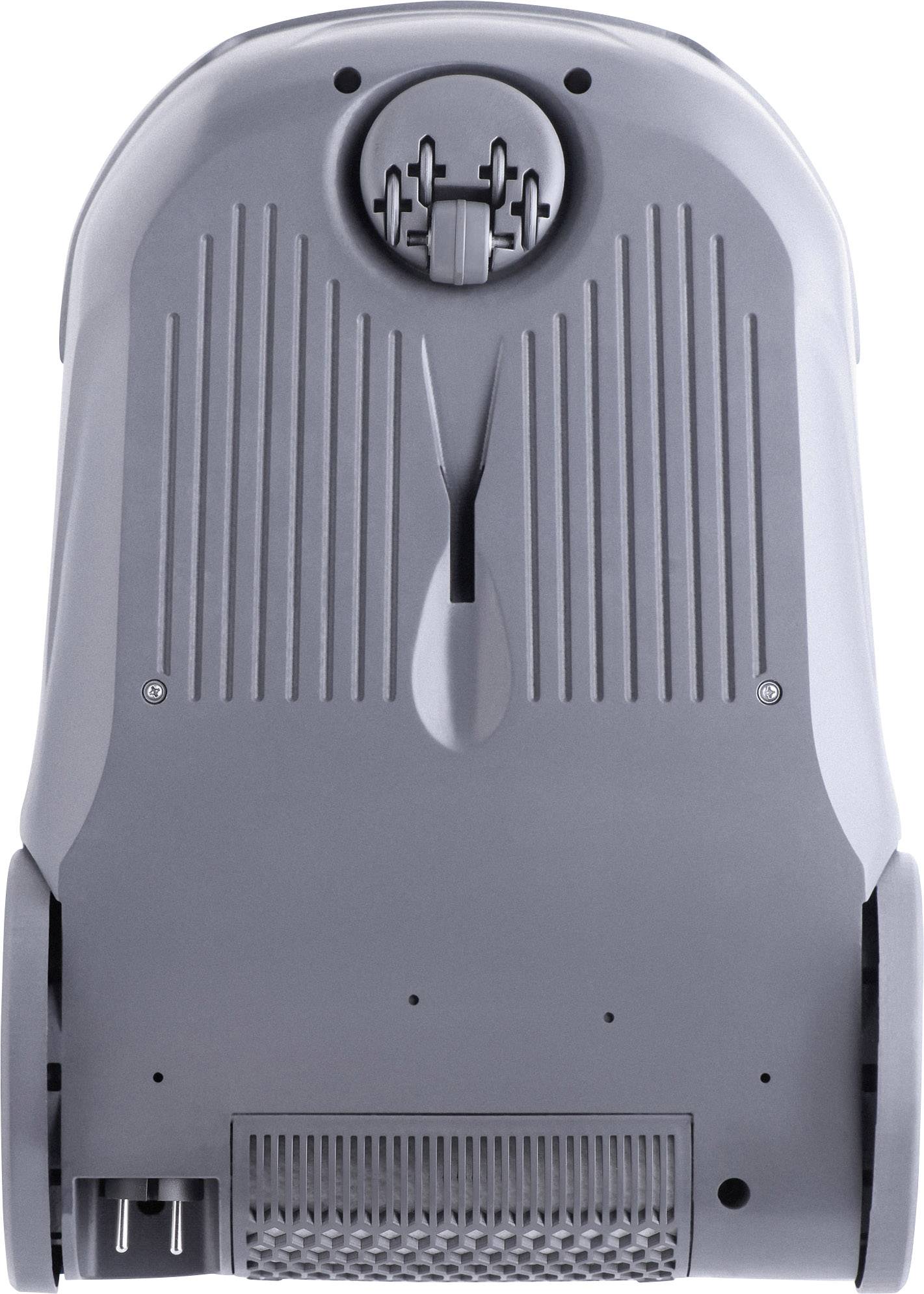 Grey, robust plastic crate with ventilation slots, cable connection and two rubber-tyred wheels at the top of the image.