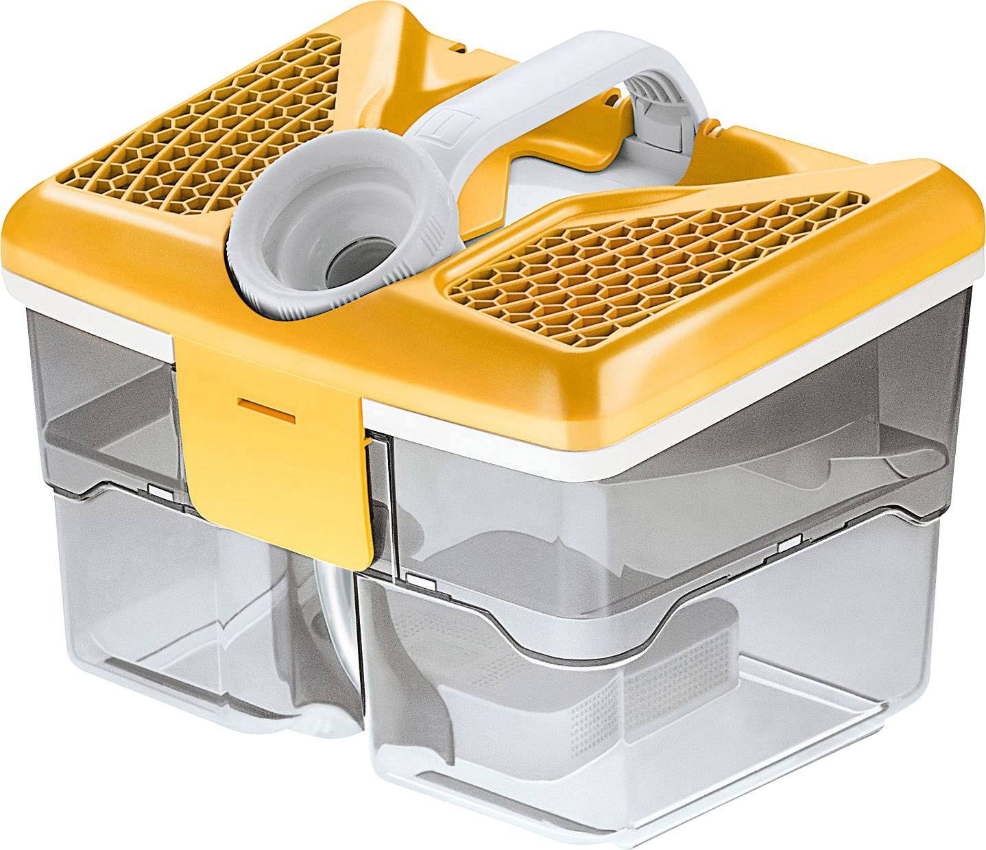 Transparent, two-compartment storage box with a yellow, perforated lid and carrying handle, suitable for storing small items.