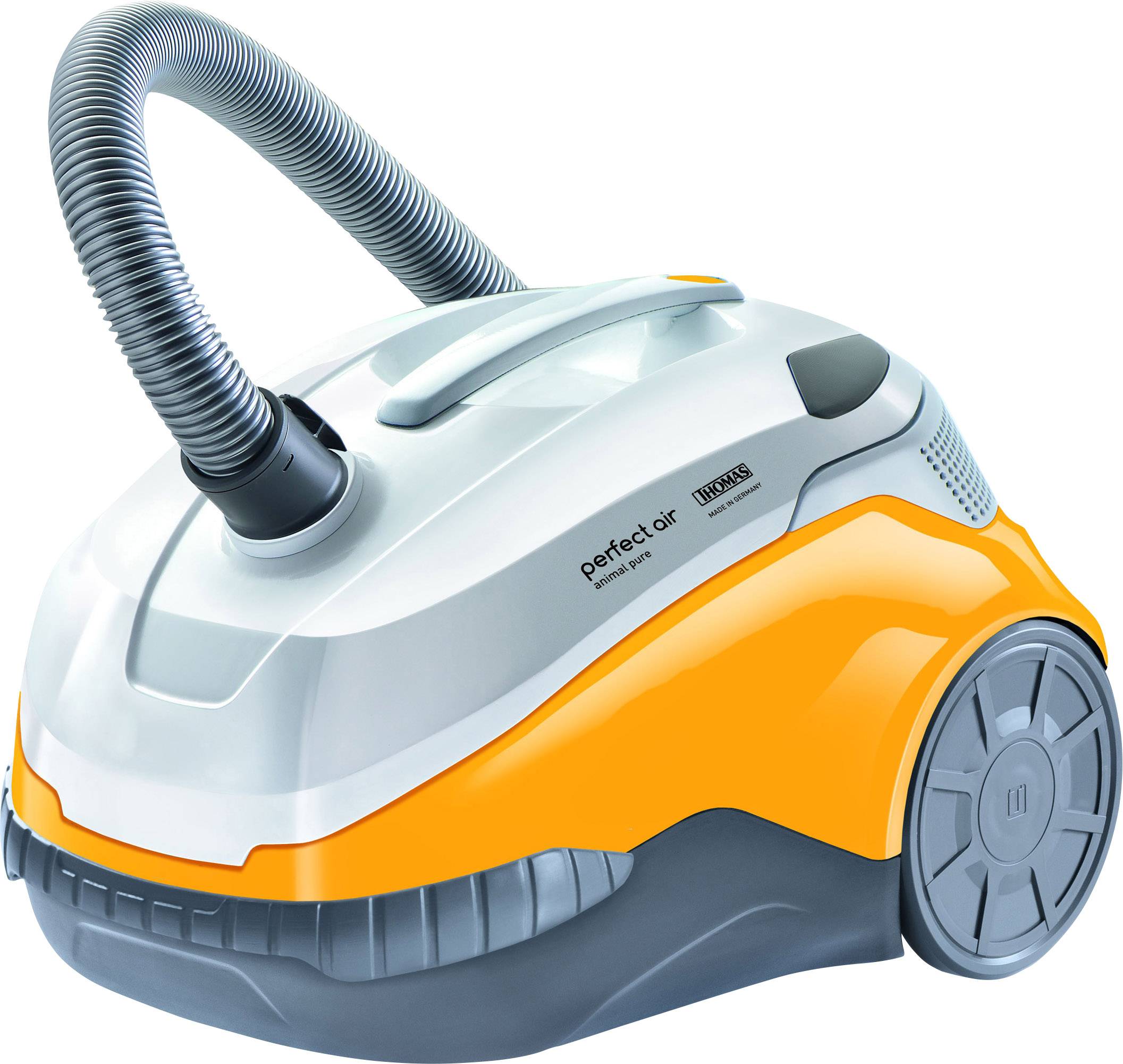 An orange vacuum cleaner with a grey hose and handle, suitable for household cleaning.