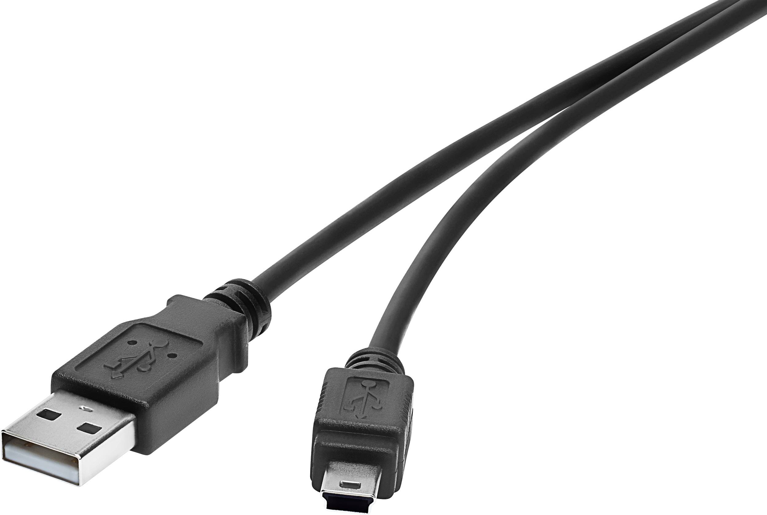 A black USB cable with a standard USB plug on one side and a mini-USB plug on the other side.