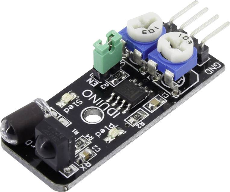 An Arduino infrared sensor module with two blue rotary potentiometers and connectors, used for distance measurements.