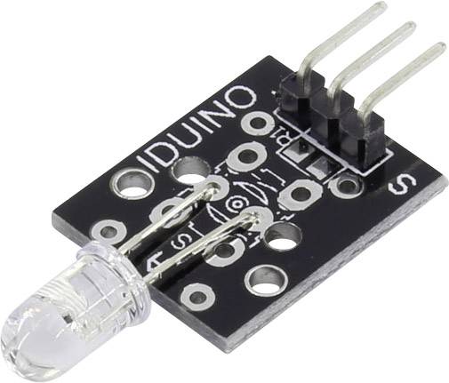 A small, black LED module with three metal pins for power supply and a transparent LED on a square circuit board.