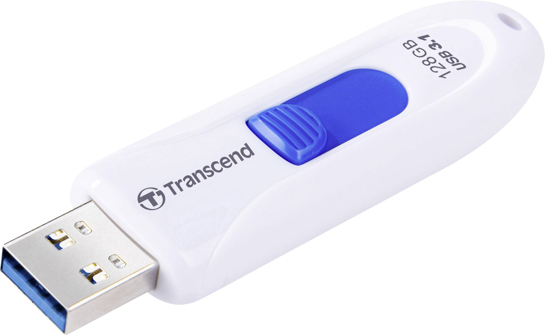 A white Transcend USB stick with a blue sliding mechanism, capacity 128 GB, USB 3.1 compatible.
