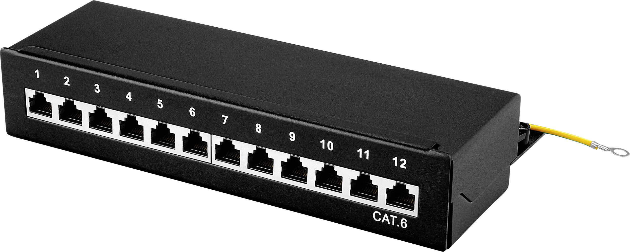 A black CAT.6 patch panel with 12 numbered Ethernet ports for network cabling. A yellow-green earth cable is visible.