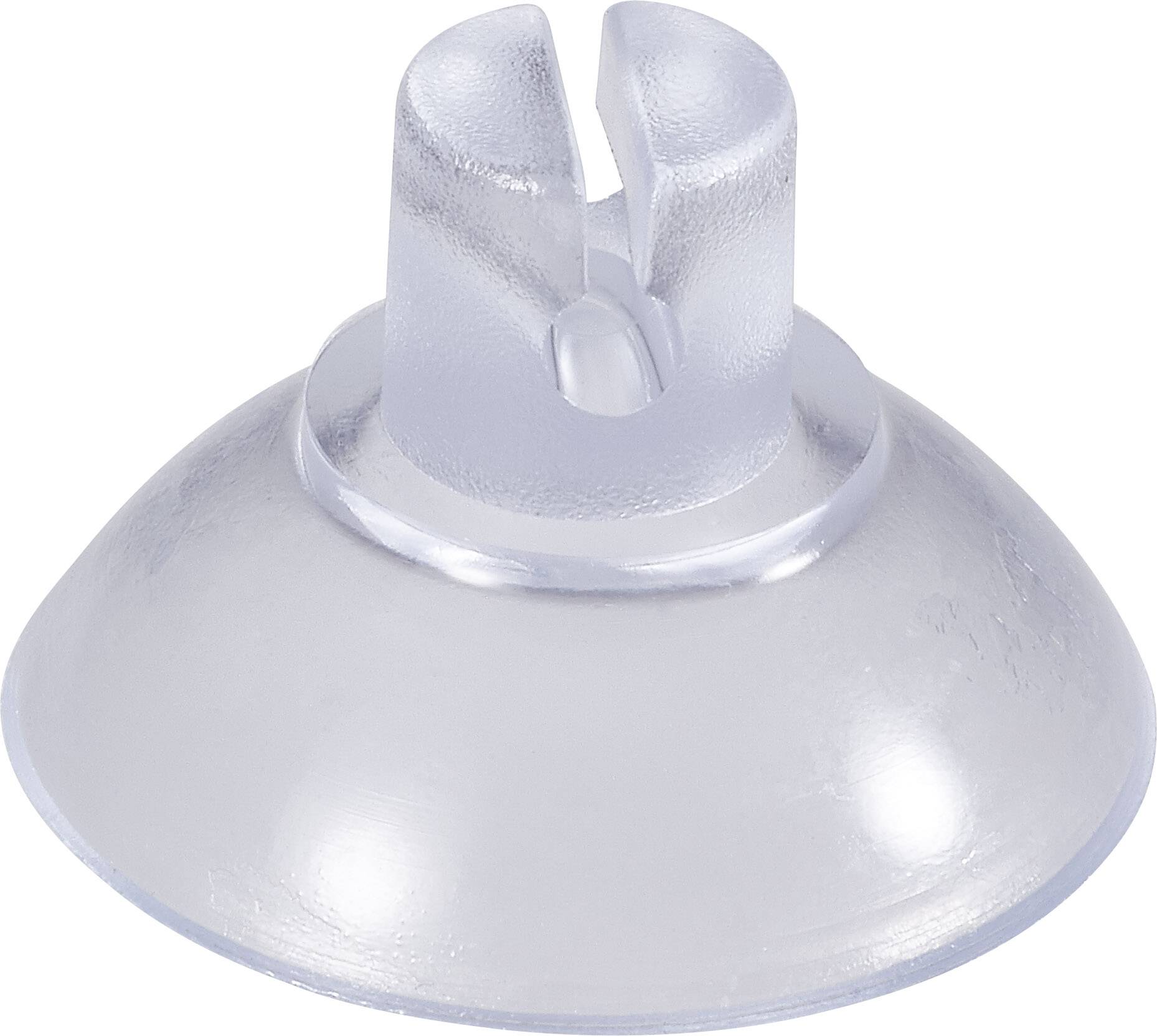 A transparent suction cup with a clip mount for attaching to smooth surfaces.