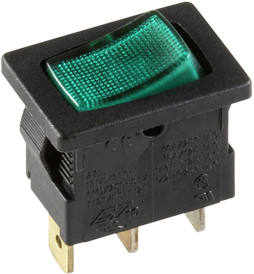 Black rocker switch with green illuminated switch. Rectangular shape with three metal contacts at the bottom.