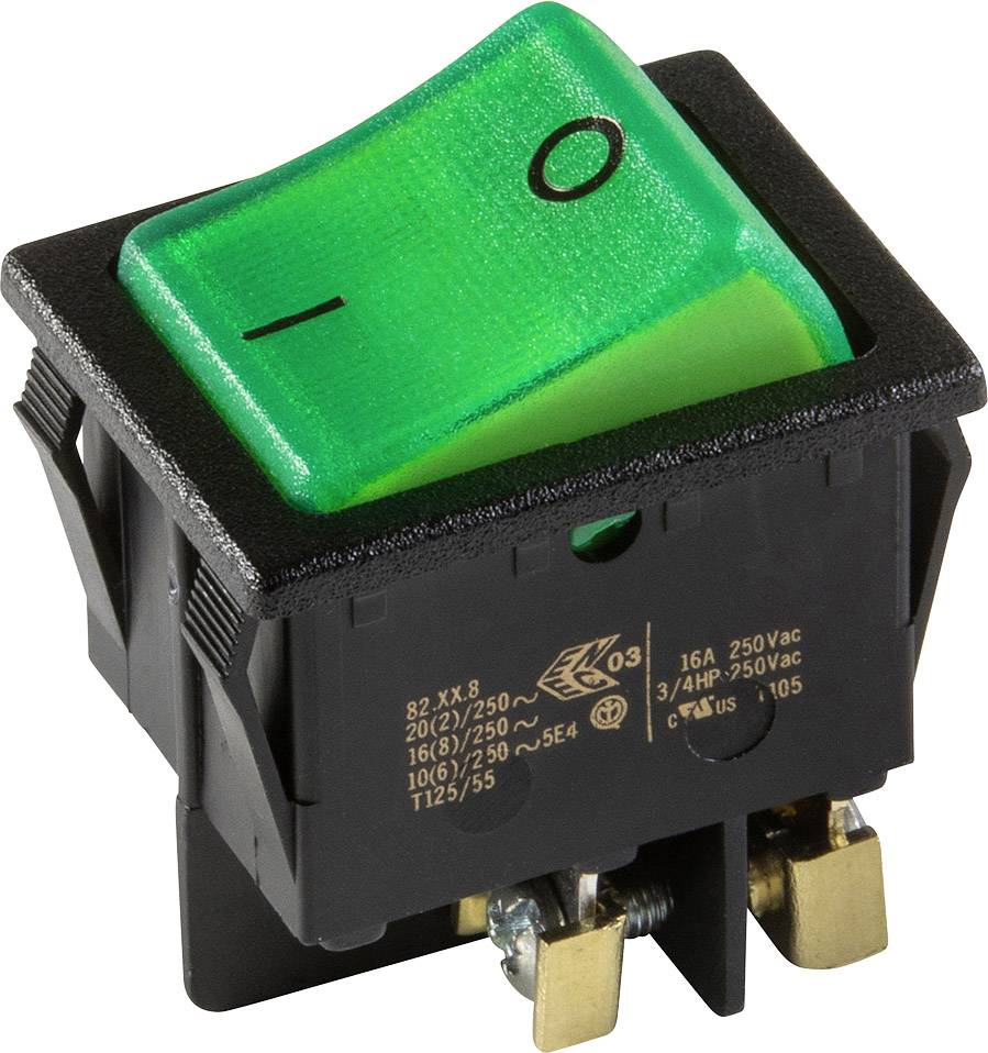 Green rocker switch in the off position, black housing and golden connection terminals; printed with electrical specifications.
