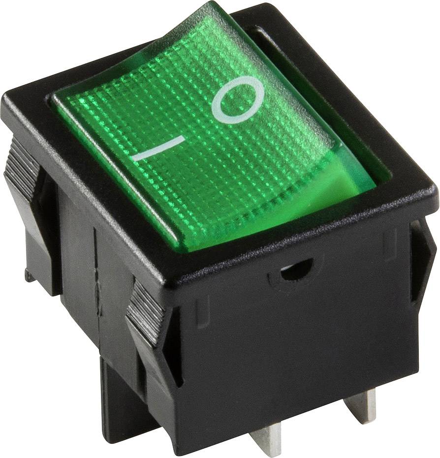 A green rocker switch with 'I' symbols for On and 'O' symbols for Off, embedded in a black plastic housing.