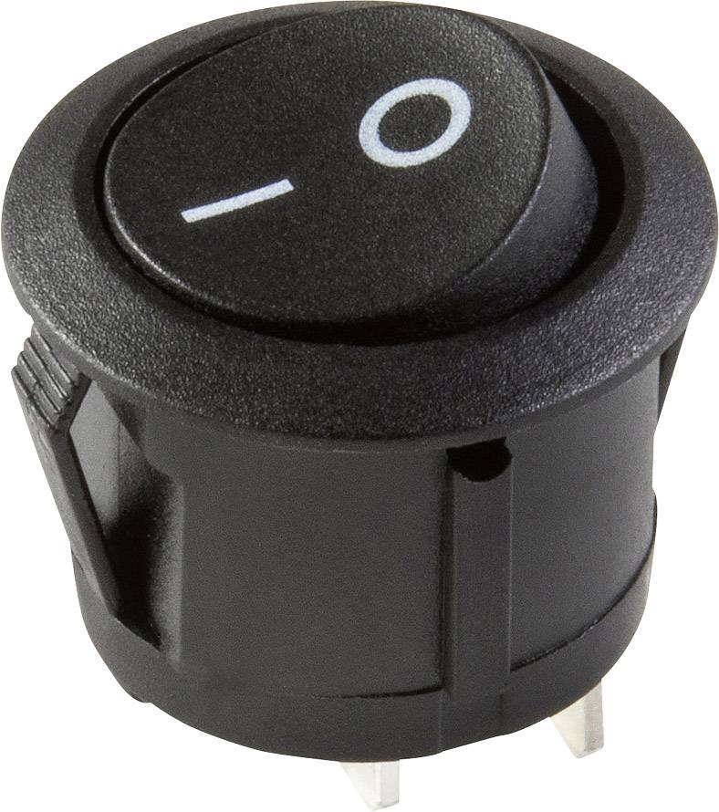 Black toggle switch in a round housing with white 'I-O' marking, showing on/off positions, against a neutral background.