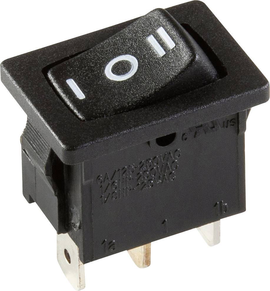 A black rocker switch with on-off symbols, suitable for electronic devices, shows its three-pole connection and power specifications.