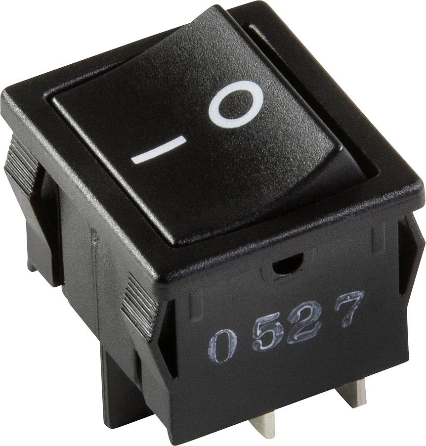 A black toggle switch with 'I' and 'O' symbols for on/off function. 4 pins for mounting on a circuit board.