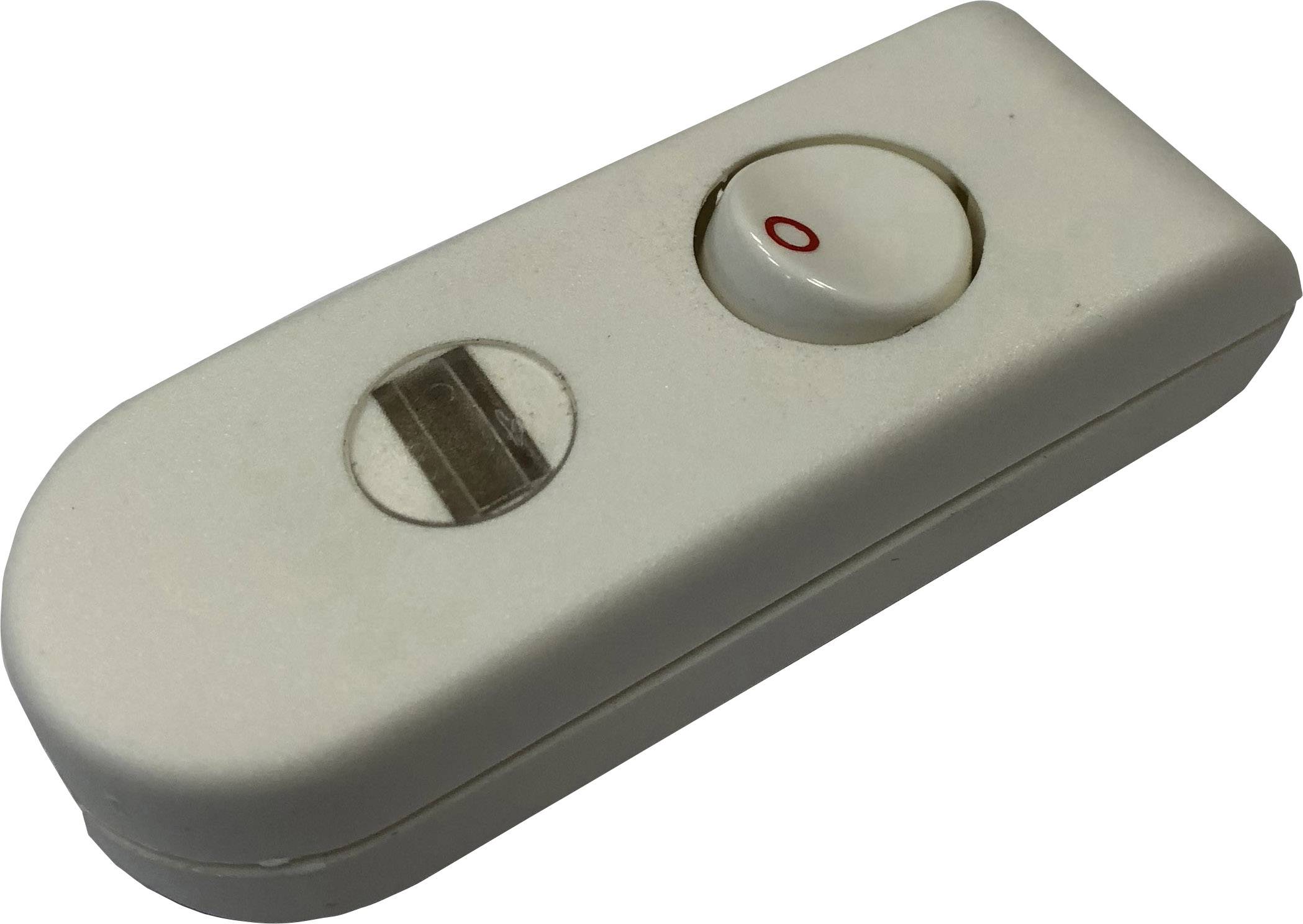 A white switch with a round button set to 'O', with a small rectangular indicator beside it.