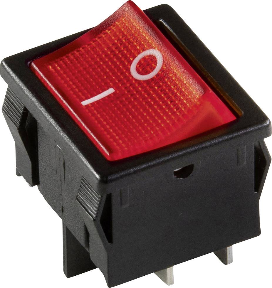 A red toggle switch with symbols for 'On' and 'Off'. The switch is tilted in the 'On' position.