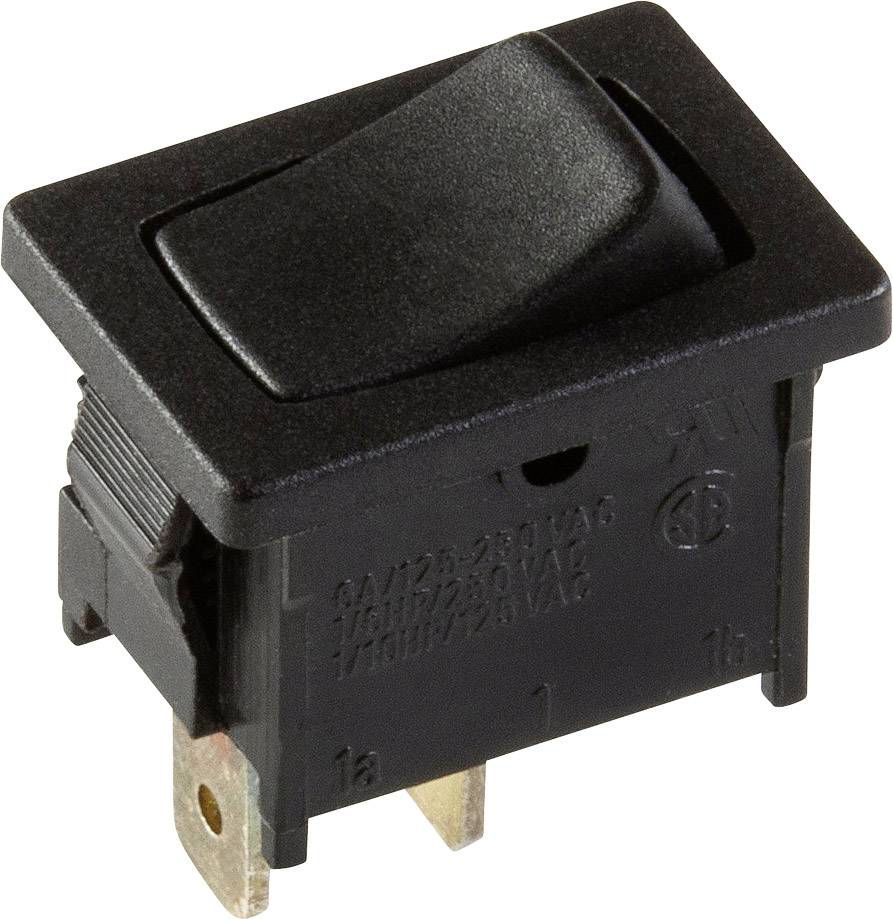 A black toggle switch with two metal contacts and technical specifications engraved on the front.