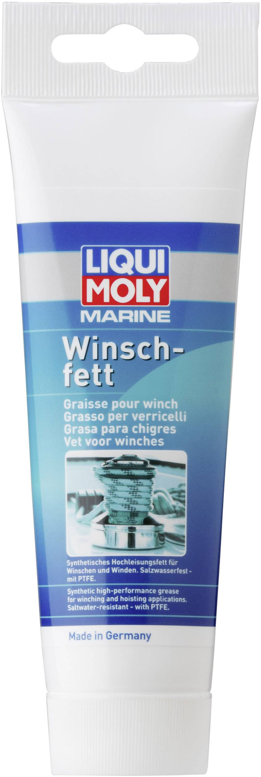 Eine Tube Winschfett von Liqui Moly Marine, geeignet für Seilwinden. Text auf der Verpackung in mehreren Sprachen. Herstellung in Deutschland.