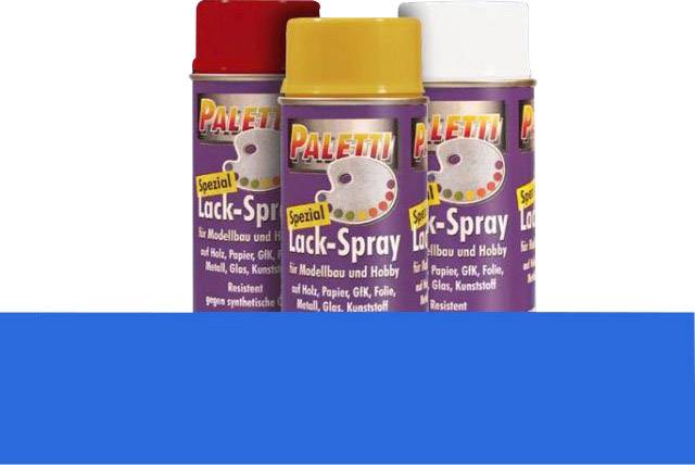 Three spray paint cans from the 'Paletti' brand in different colours: Red, Yellow and White, suitable for model making and hobby crafts.