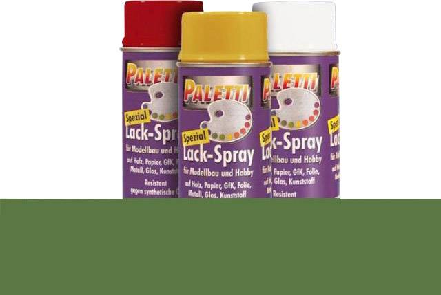 Three spray paint cans for model making and hobby use in red, yellow and white, with the brand inscription 'Paletti Spezial'.
