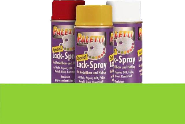 Three spray cans with the label 'Paletti Special Lacquer Spray' against a green background. Each can in a different colour: Red, Yellow, White.