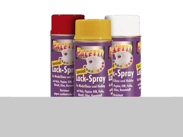 Three spray paint cans for modelling and hobby use with red, yellow, and white lids. The brand name 'Paletti' visible on each can.