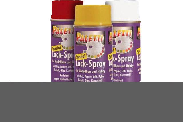 Three spray cans from the brand 'Paletti' in red, yellow, and white are lined up side by side. Labelled as 'Special Lacquer Spray'.