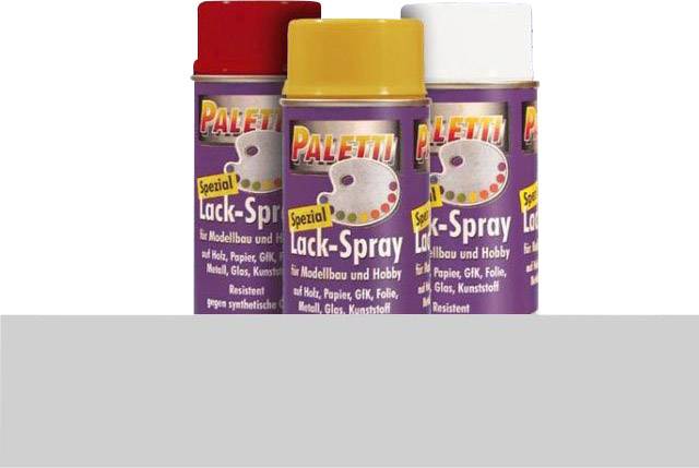Three tins of Paletti Special Lacquer Spray in Red, Yellow and White for Model Making and Hobby, suitable for various materials.