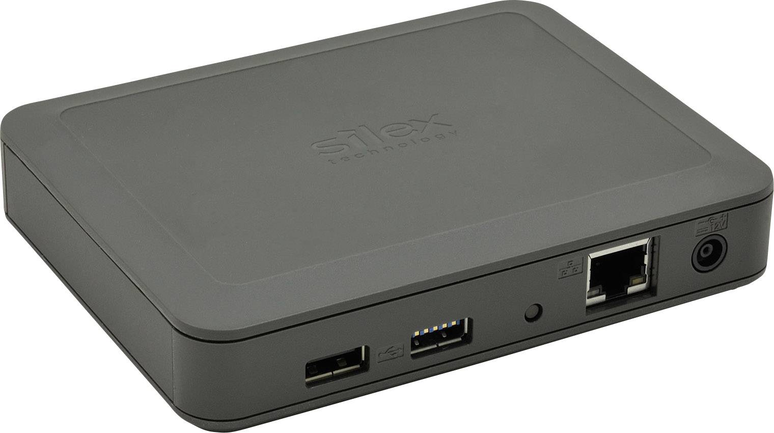 A black network adapter by Silex Technology with multiple ports, including USB and Ethernet, on a white surface.