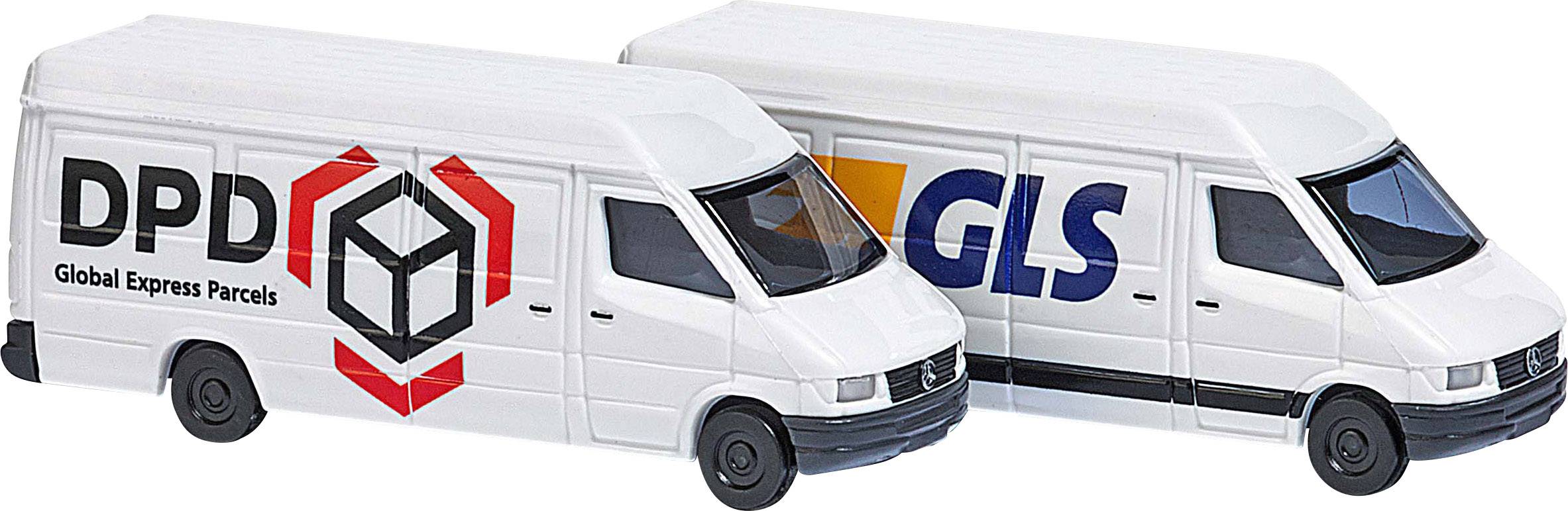 Two white delivery vans side by side, one with 'DPD Global Express Parcels' logo, the other with 'GLS' logo.