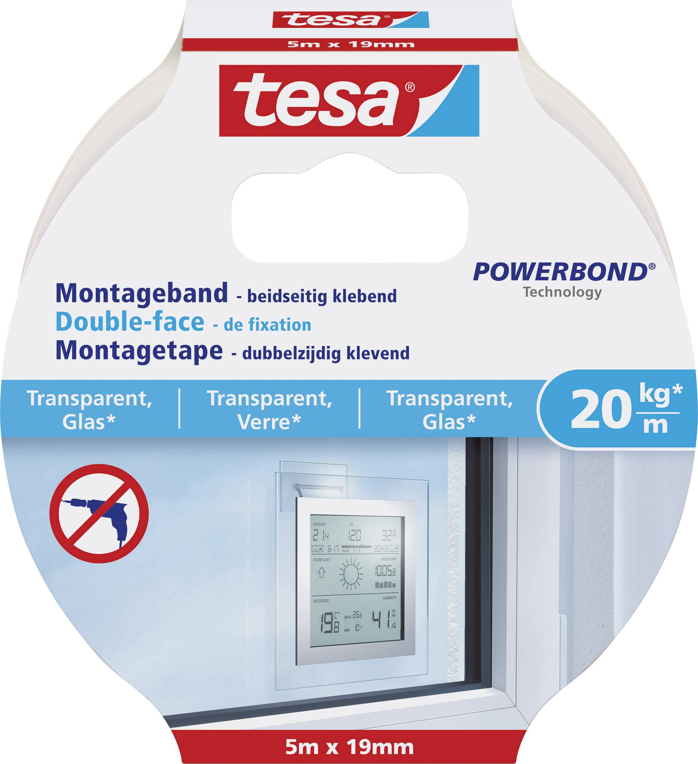 Packaging of Tesa Mounting Tape: double-sided adhesive, 5m x 19mm, holds up to 20kg per roll, suitable for glass surfaces.
