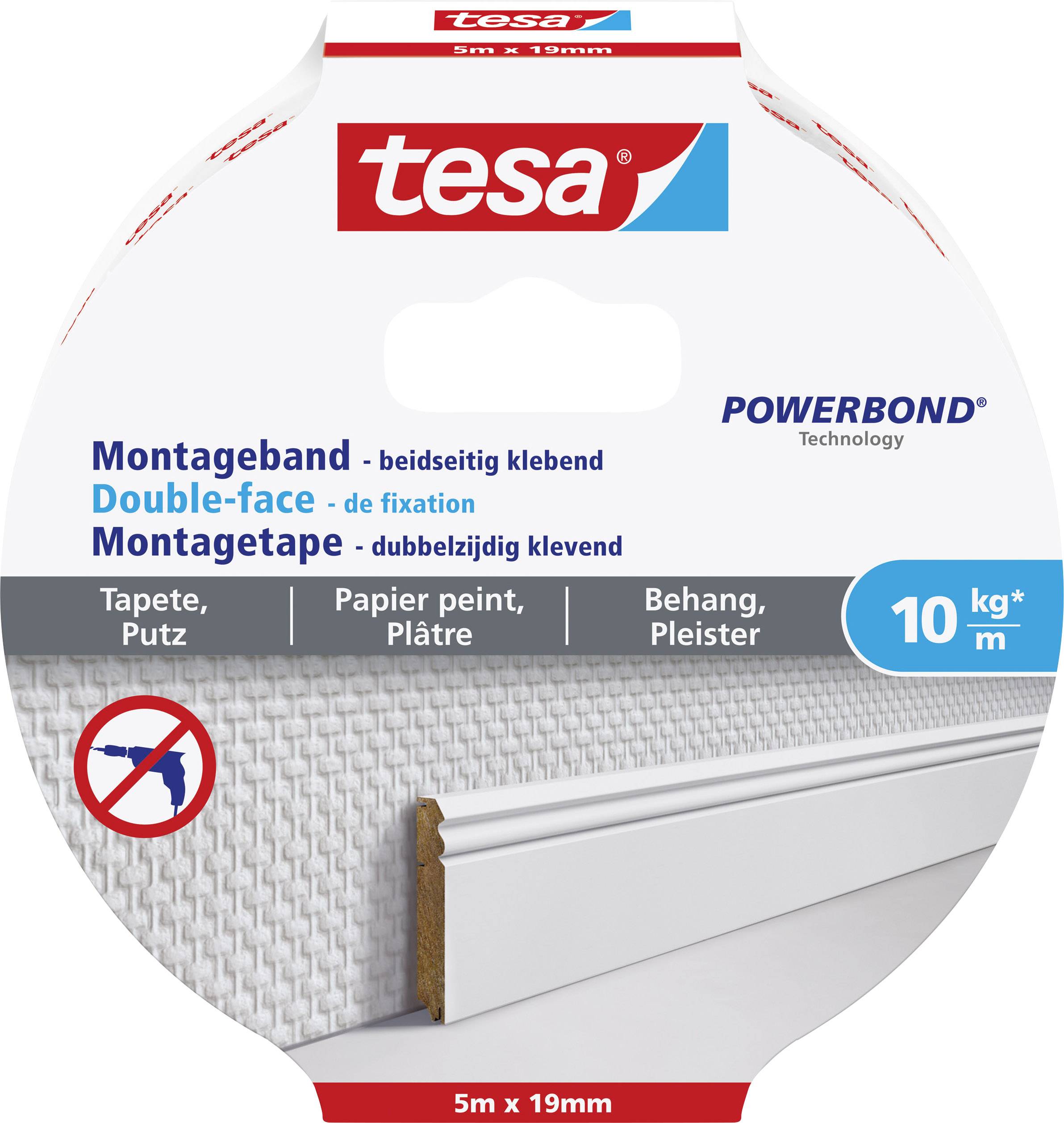 Round packaging for a double-sided tesa mounting tape. Labelling in multiple languages. Load capacity: 10 kg/m.