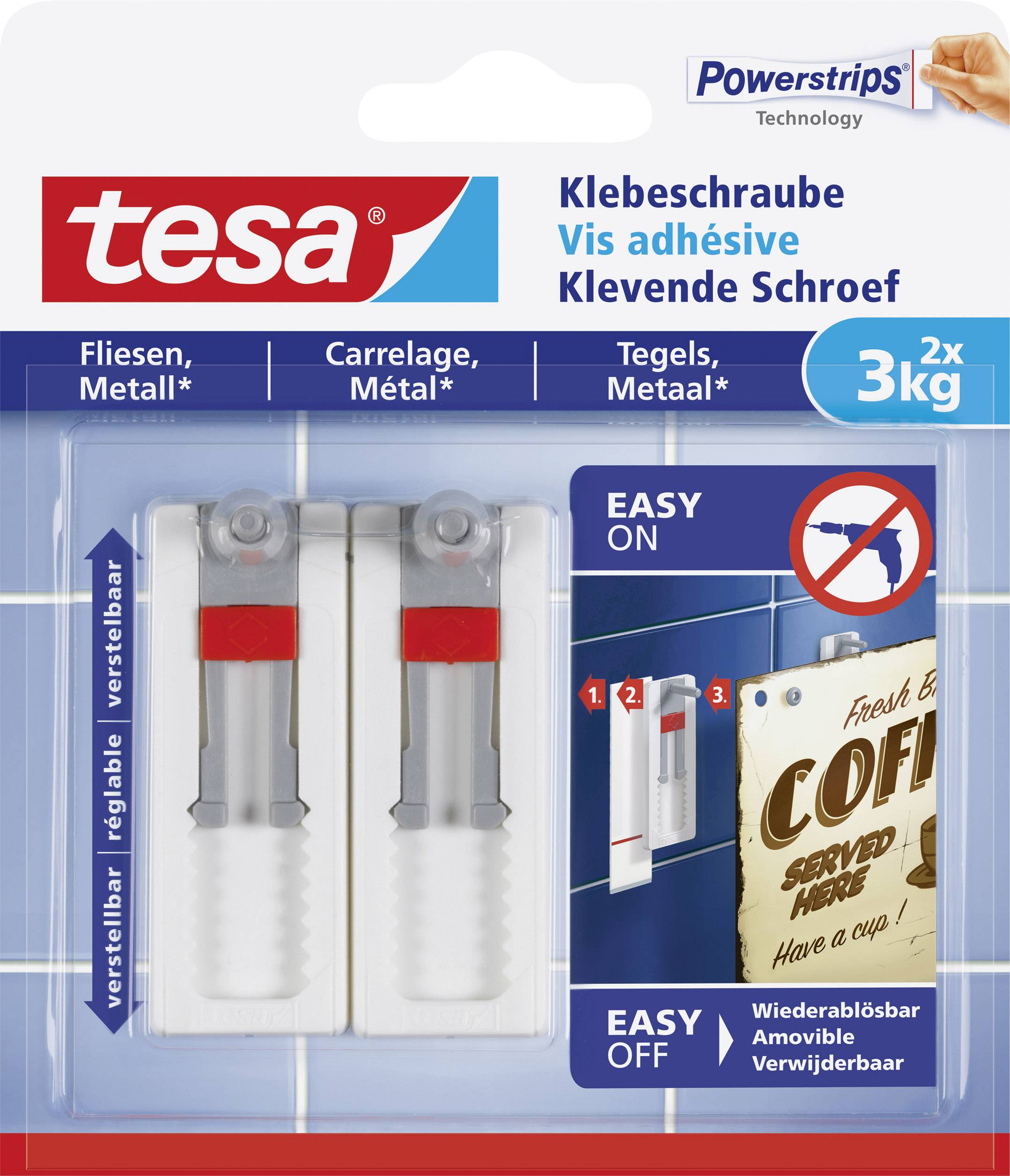 Packaging for Tesa adhesive screws for tiles and metal, 3kg load-bearing capacity. Displays two screws and their application on a poster.
