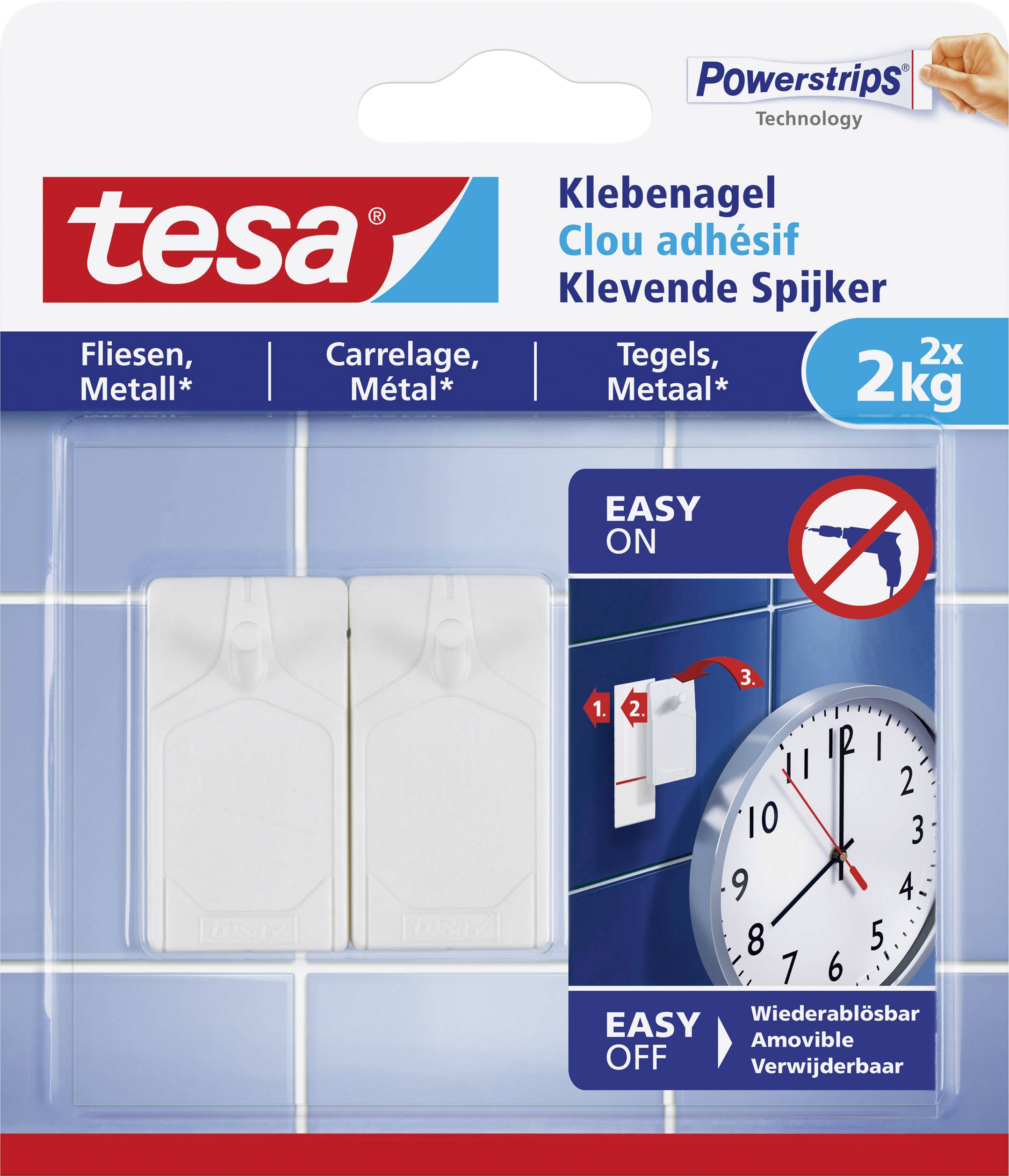 Packaging for Tesa adhesive nails with Powerstrips for tiles and metal. Two nails, each with a 2 kg load-bearing capacity, easy to apply and remove.